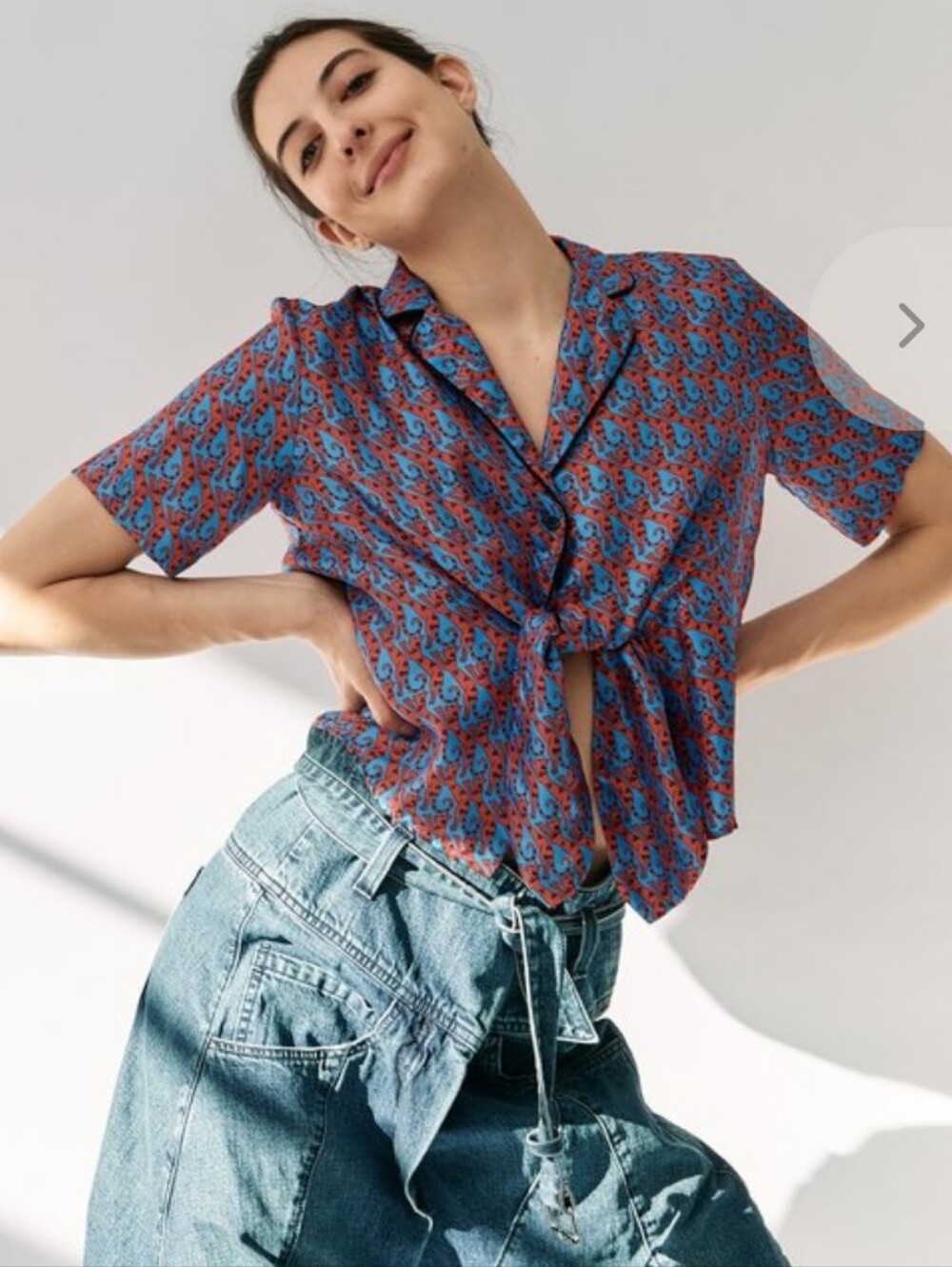Sandro Paris Silk Cary Cat Blue and Red Printed Tie-Front Button-Down Top
